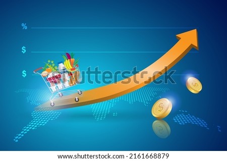 Foods inflation and crisis, cost of living, CPI consumer price index, economic indicator scale. Shopping cart trolley on high graph indicator. Rising foods cost and grocery price