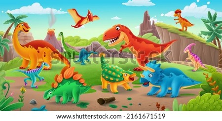horizontal illustration with dinosaur landscape for school Royalty-Free Stock Photo #2161671519