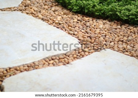 Stone pavement, cement walkway,  brick, stone slabs for garden architecture pathway, gravel. Simple paths with grass field. Front or back yard landscape design and marble tile. Gardening beside way. Royalty-Free Stock Photo #2161679395