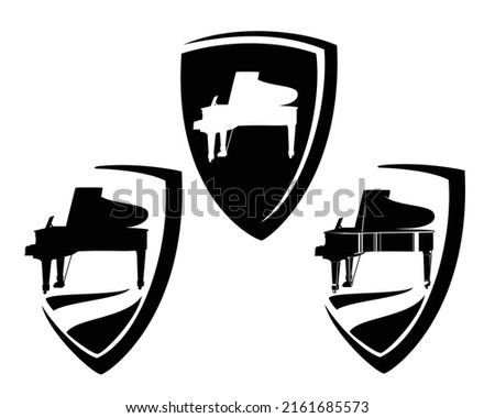 grand piano silhouette in heraldic shield - classical music academy or classes black and white vector emblem design