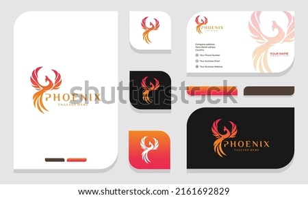Flaming Phoenix Logo design and business card template vector illustration