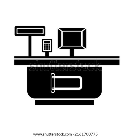 Checkout in a supermarket. Product payment bar. Payment for goods to the seller. Conveyor line for products.. Cashier simple style detailed logo icon vector illustration isolated.
