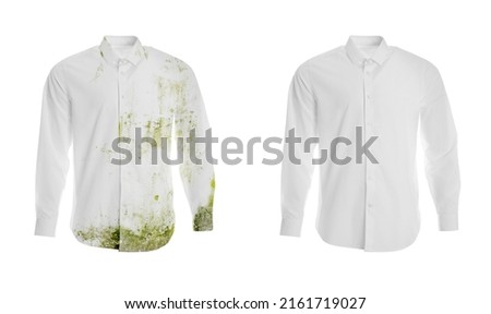 Stylish shirt before and after washing on white background, collage. Dry-cleaning service Royalty-Free Stock Photo #2161719027