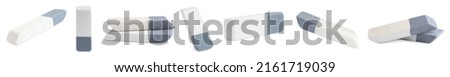 Collage of rubber erasers on white background. Banner design Royalty-Free Stock Photo #2161719039