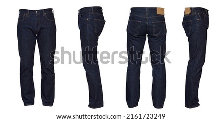 Navy blue jeans that have not faded Front, back, left and right cutouts White background Royalty-Free Stock Photo #2161723249