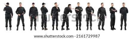 Collage of professional security guard on white background. Banner design Royalty-Free Stock Photo #2161729987