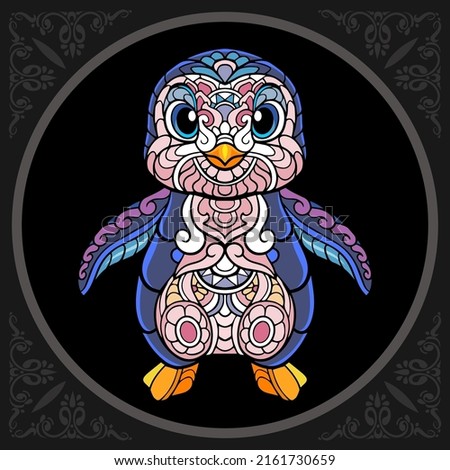 Colorful cute penguin cartoon zentangle arts. isolated on black background.