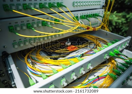 Fiber Patch Cord Cable of Optical Distribution Frame in Street Telecommunication Cabinet Royalty-Free Stock Photo #2161732089