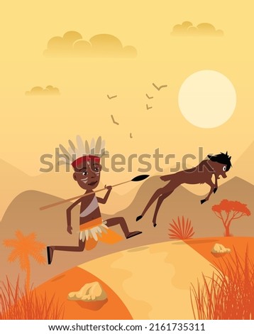 Strong tribal warrior with spear hunting in forest design