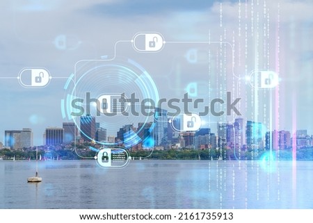 Panorama skyline, city view of Boston at day time, Massachusetts. Technological and political center. Building exteriors of financial downtown. Blockchain and cryptography concept, hologram