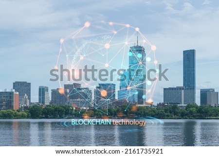 Panorama skyline, city view of Boston at day time, Massachusetts. Technological and political center. Building exteriors of financial downtown. Blockchain and cryptography concept, hologram