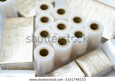 Lots of small rolls of stretch film Royalty-Free Stock Photo #2161748153