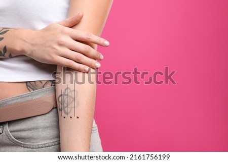 Woman before and after laser tattoo removal procedures on pink background, closeup. Space for text