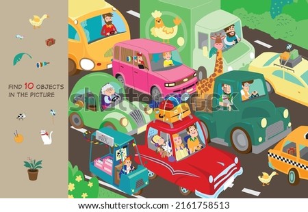 Find 10 items in the picture. Hidden Object Puzzle. Motorway. Funny cartoon characters. Royalty-Free Stock Photo #2161758513