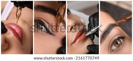 Collage with different photos of women undergoing permanent makeup procedures. Banner design Royalty-Free Stock Photo #2161770749