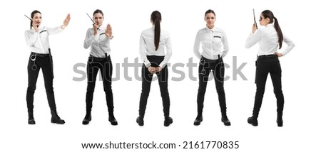 Collage of professional security guard on white background. Banner design