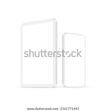 Clay Tablet and Smartphone Mockup, Side View, Isolated on White Background. Vector Illustration