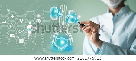 Telemedicine and human urinary system recovery concept. Turquoise color palette, copy space for text. Royalty-Free Stock Photo #2161776913