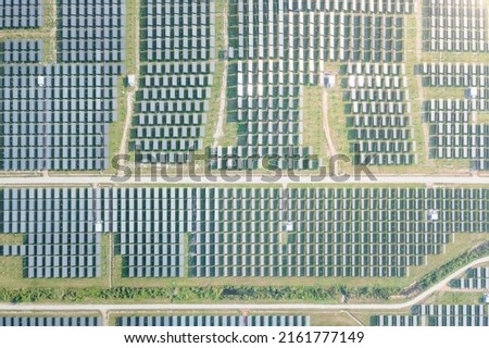 Solar farm, field or solar power plant in aerial view consist of photovoltaic cell in panel, landscape, technology. Industry for electric, electricity generation. Clean green power energy from nature.