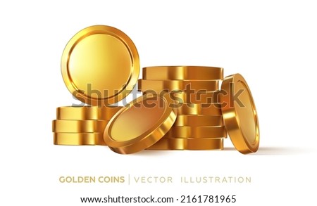Coins, heaps of treasures. Stack of golden 3d coins. Golden shiny wealth. Vector graphics Royalty-Free Stock Photo #2161781965
