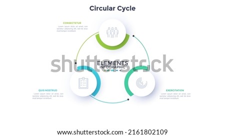 Circular scheme with three round paper white elements. Concept of cyclic business process with 3 stages. Minimal infographic design template. Modern flat vector illustration for data visualization. Royalty-Free Stock Photo #2161802109