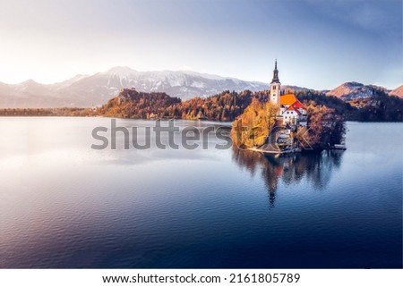 Castle on lake island view. Lake island castle. Castle on water. Castle lakeview Royalty-Free Stock Photo #2161805789