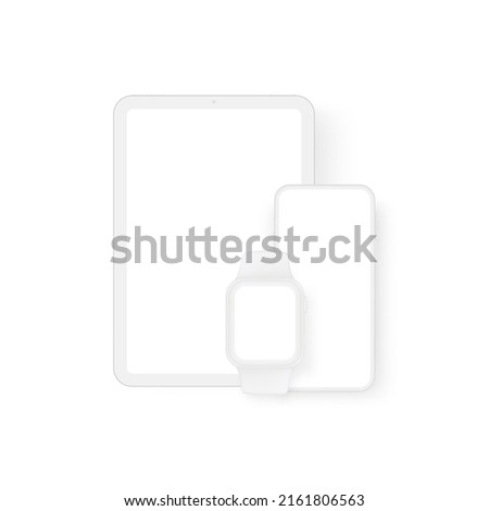Clay Tablet Computer, Smart Watch and Smartphone Mockup with Blank Screens, Isolated on White Background. Vector Illustration