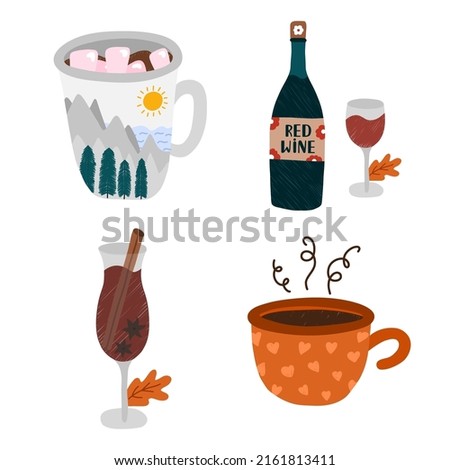 Hygge hand drawn set of cozy autumn clip arts with seasonal drinks. Cup of coffee, ceramic mug with cacao and marshmallows, bottle and glass of red wine, hot mulled wine with cinnamon and cloves.