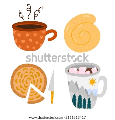 Set of cozy autumn clip arts with seasonal food and drinks. Cute cup of hot coffee, ceramic mug with cacao and marshmallows, apple pie with cinnamon, baked bun. Hygge hand drawn illustration.