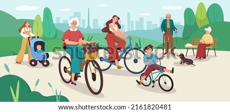 Flat people walk in public park. Happy family ride a bicycle. Old woman sitting on a bench. Grandfather with dog. Mother walking with baby stroller, kid cycling. Leisure outdoor activity, recreation.