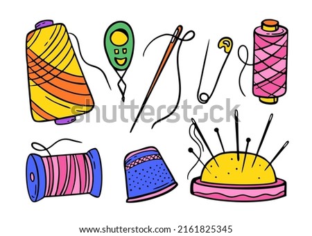 Needlework sewing knitting a large set of bright multicolored elements Hand made Vector illustration on a white 