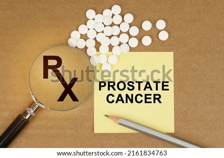 Medical concept. On the table are pills, a magnifying glass, pencils and a sticker with the inscription - PROSTATE CANCER Royalty-Free Stock Photo #2161834763