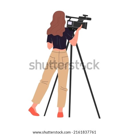 Cameramen, presenters on breaking news background flat vector illustration. TV show, channel, broadcasting concept