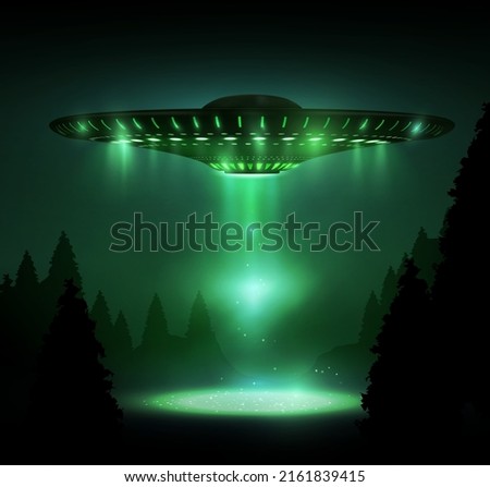 Realistic UFO, Unidentified flying object. Alien space ships with green light beam, smoke and sparkles. Mystical green background Royalty-Free Stock Photo #2161839415
