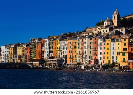 Portovenere La Spezia apartments and boats from sea view at Italy