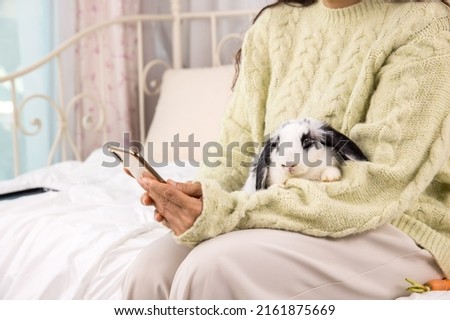 Lovely bunny easter fluffy rabbit lay on woman's lap while she is using mobile phone shopping on line in living room. Woman working at home and hold cute rabbit in her arm.