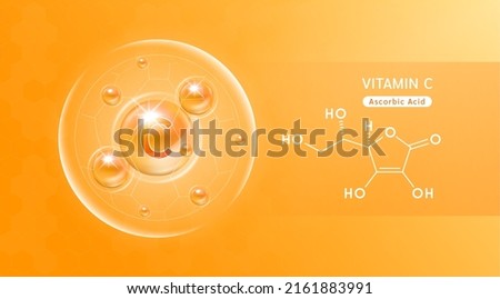 Vitamin C orange and structure. Vitamin solution complex with Chemical formula from nature. Beauty treatment nutrition skin care design. Medical and scientific concepts. Banner 3D vector EPS10. Royalty-Free Stock Photo #2161883991