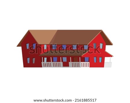Red double decker farmhouse flat style, vector illustration isolated on white background. Countryside building, rural concept, wooden cottage with brown roof