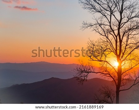 Beautiful sunset, sunrise, silhouette with the dried tree and mountains of Pang Kae, Nan Thailand.