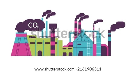 Factory releases smoke and pollutes the environment flat style, vector illustration isolated on white background. Carbon footprint, air emissions, ecological concept