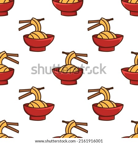 Seamless pattern with flat ramen bowl doodle outline vector