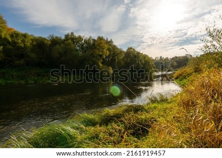 River current on the autumn forest. Beauty autumn nature