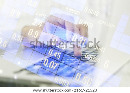 Multi exposure of abstract statistics data hologram interface with hands typing on computer keyboard on background, computing and analytics concept