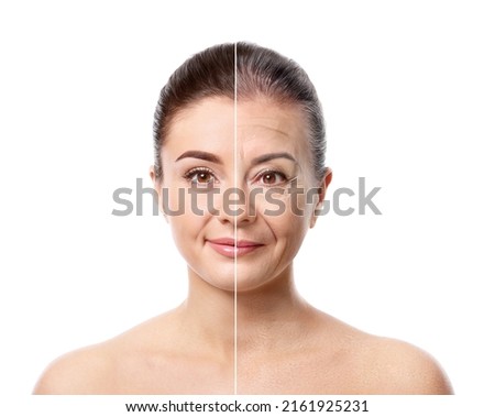 Comparison portrait of woman on white background. Process of aging Royalty-Free Stock Photo #2161925231