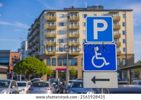 Close up view of parking for disabled people sign. Sweden. 