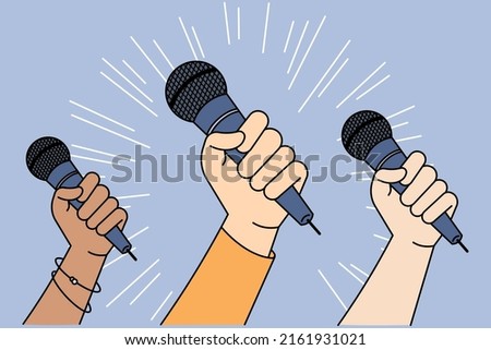 Diverse people hands holding microphones vote for freedom of speech. Multiracial activists or volunteers on demonstration or protest for culture rights in society. Vector illustration. 
