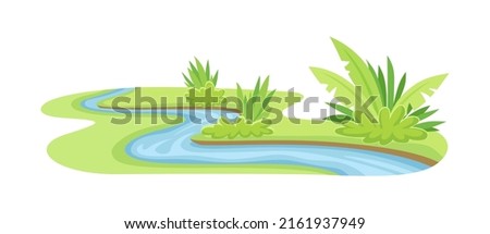 Stream as Body of Surface Water Flowing Among Banks of Channel Vector Illustration Royalty-Free Stock Photo #2161937949