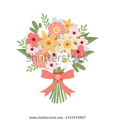 Flowers bouquet vector with daisy, narcissus, cherry blossom, forget-me-nots with ribbon Cute vector illustration in flat cartoon style