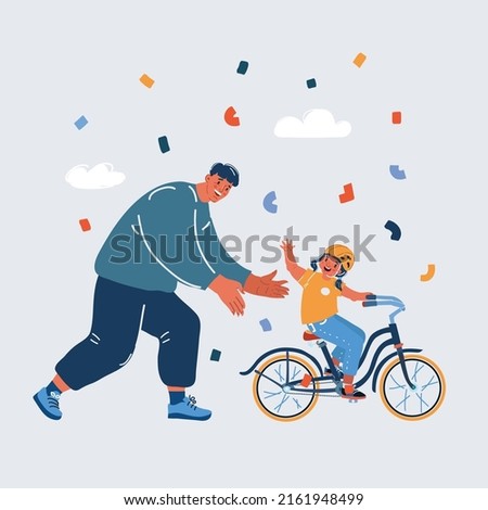 Cartoon vector illustration of father teaches daughter to ride a bike. Kid learns to ride bicycle