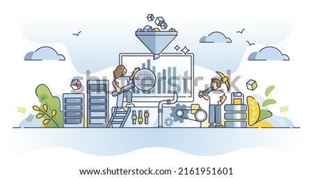 Data mining process with information database analysis outline concept. Online big data management with file classification, control and complex structure filtering vector illustration. Info funnel. Royalty-Free Stock Photo #2161951601